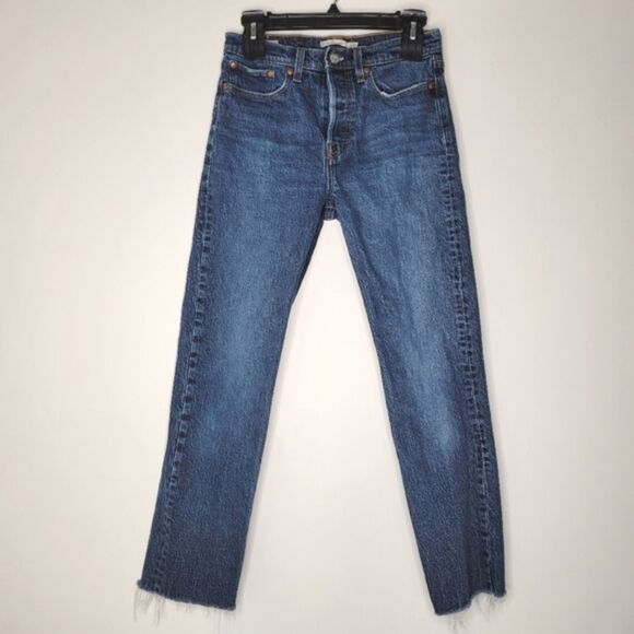 Levi's Wedgie Straight Medium Blue Denim Jeans Raw Hem 27 - Picture 2 of 9